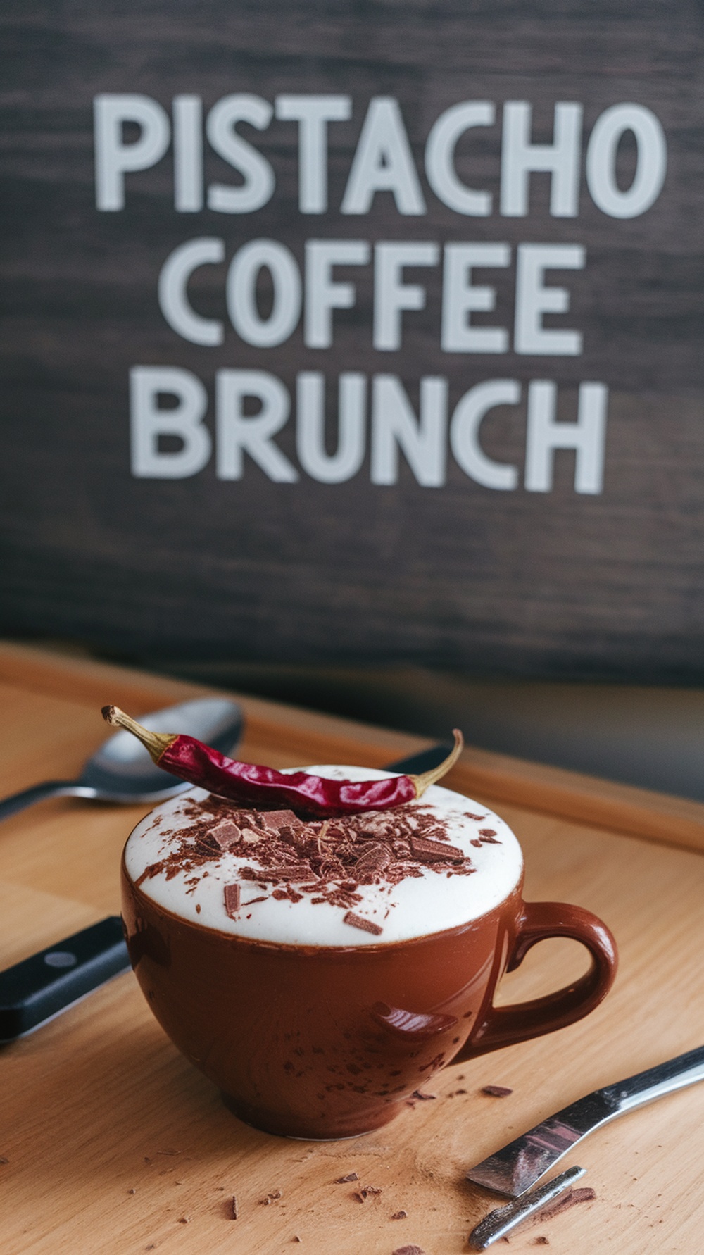 Café con cacao y chile decorado con chocolate rallado y un chile seco en una taza marrón, con el texto 'Pistacho Coffee Brunch' de fondo.