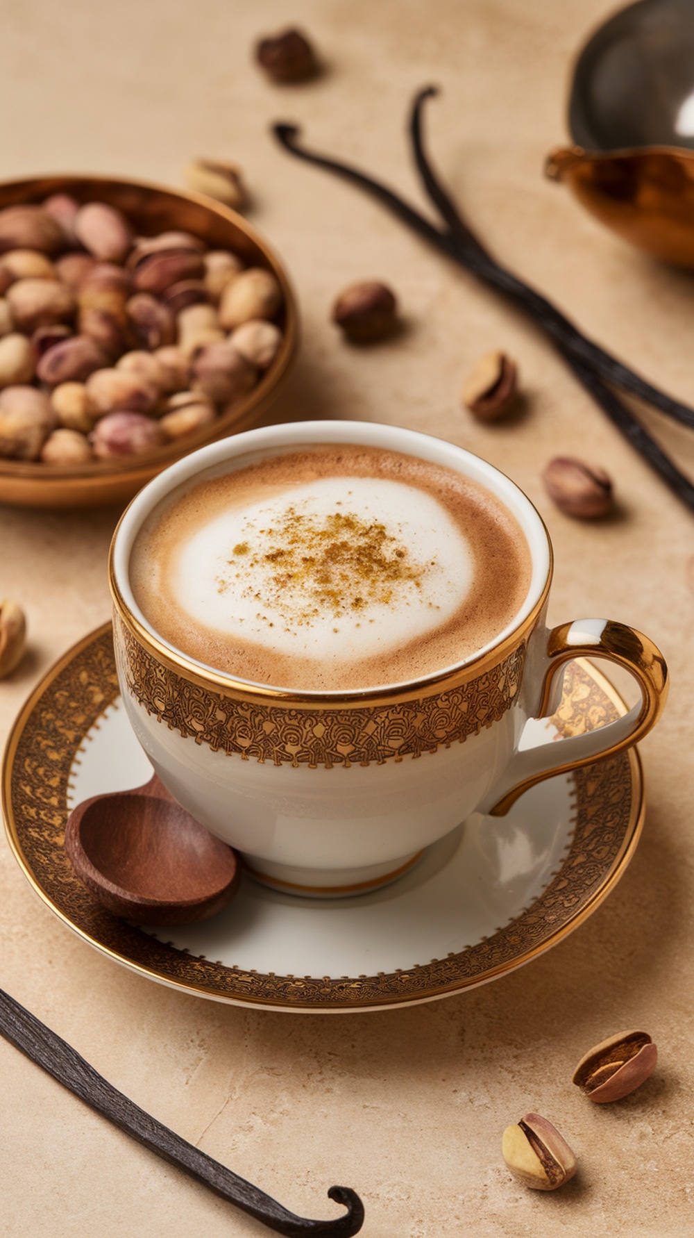 Taza de café con cardamomo y vainilla, decorada con especias, pistachos y vainas de vainilla