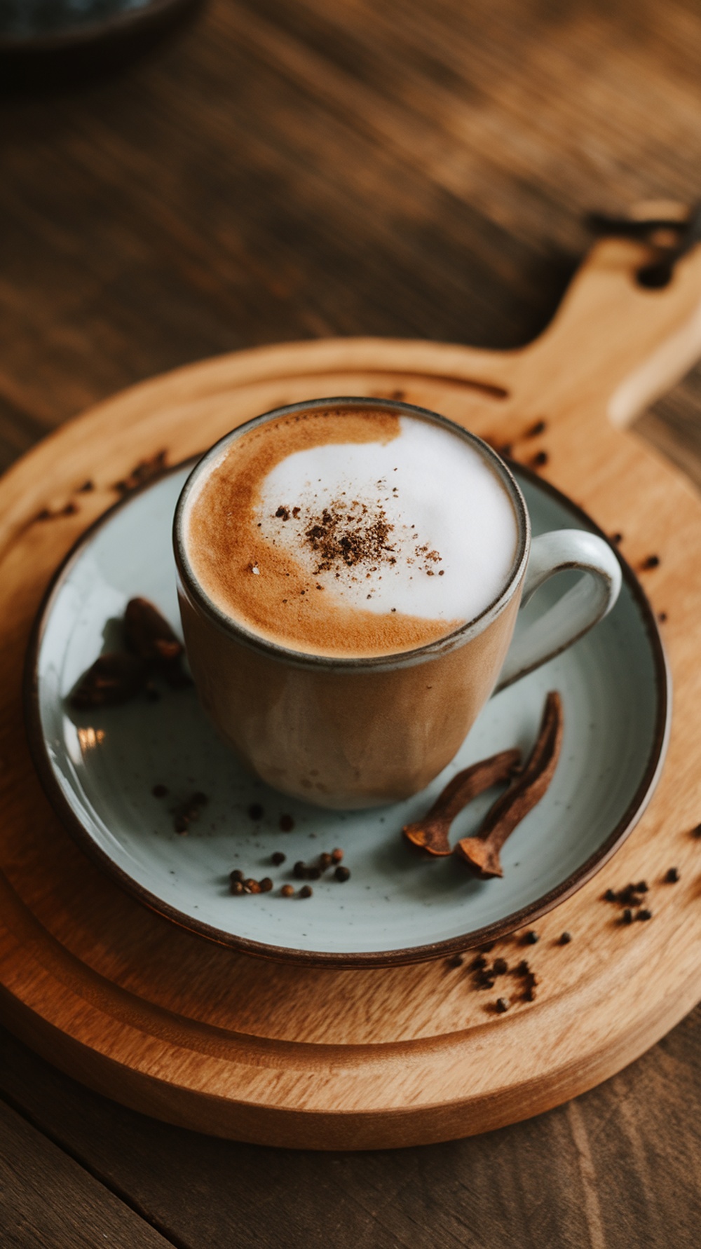 Taza de café con espuma y especias de pimienta negra y clavo