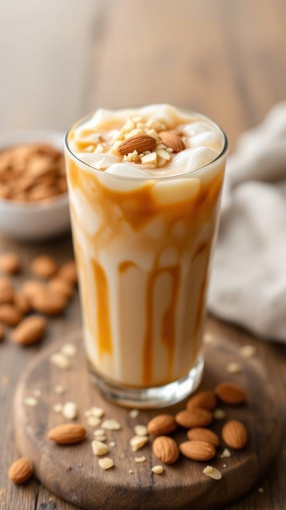 Vaso de café helado con crema y almendras, decorado con jarabe de caramelo.