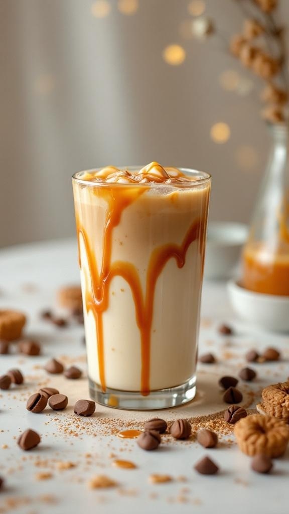Vaso de café helado con caramelo salado, rodeado de granos de café y galletas.
