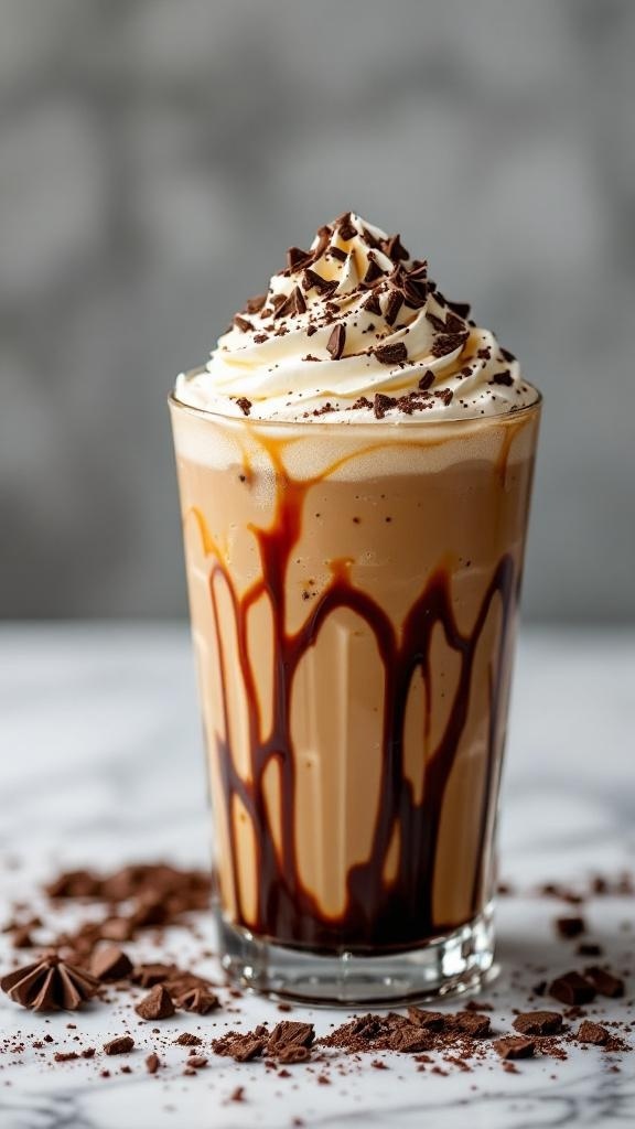 Vaso de café helado con chocolate, decorado con crema batida y virutas de chocolate, sobre una superficie de mármol.