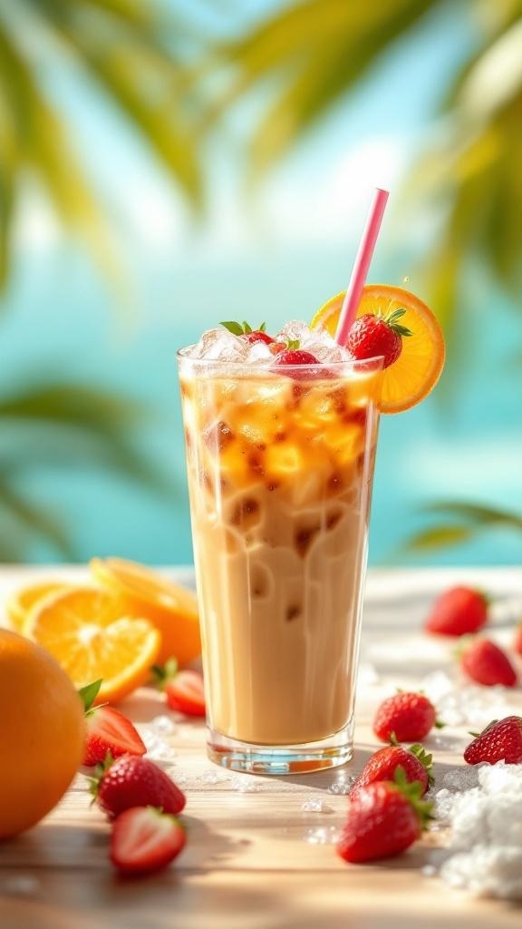 Un vaso de café helado decorado con fresas y una rodaja de naranja, rodeado de frutas frescas.