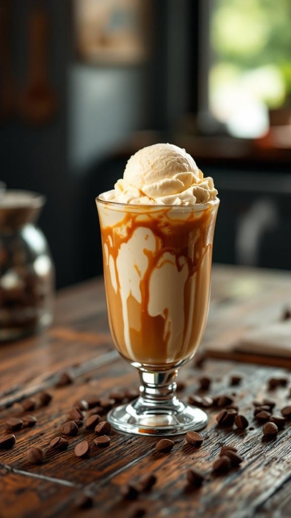 Un vaso de café helado con helado de vainilla y jarabe de caramelo, decorado con granos de café en una mesa de madera.