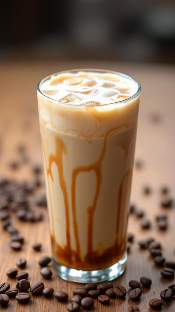 Vaso de café helado con leche condensada y jarabe de caramelo, rodeado de granos de café.