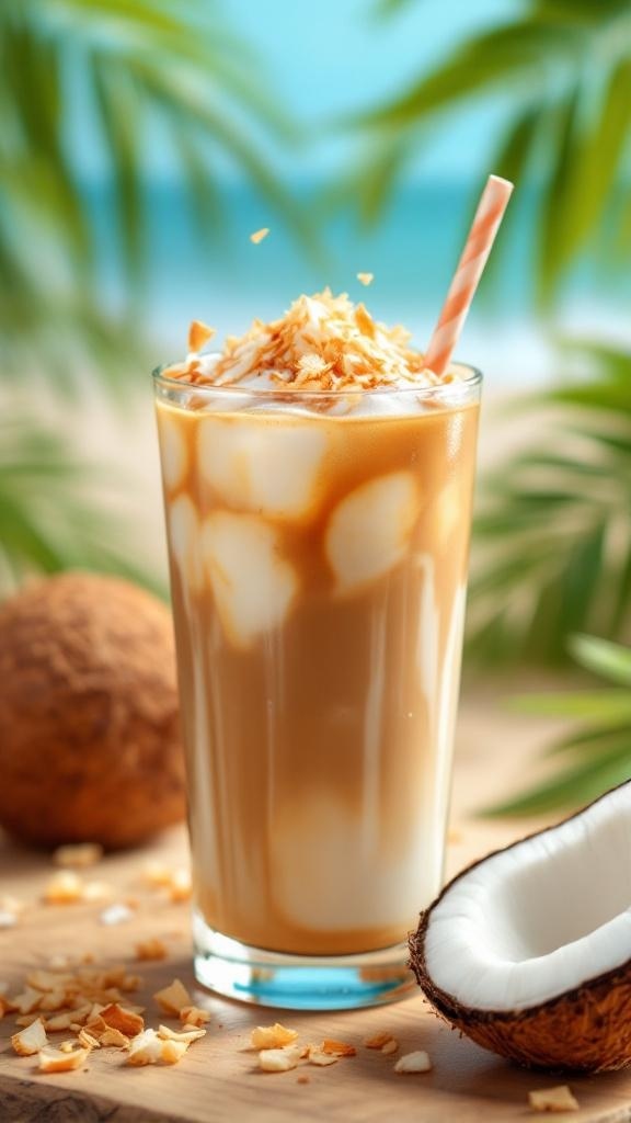 Vaso de café helado con leche de coco, decorado con coco rallado y una pajilla, rodeado de cocos en un ambiente tropical.