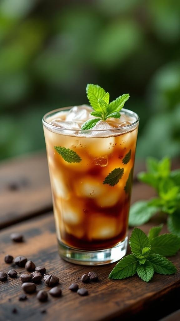 Un vaso de café helado con menta, decorado con hojas de menta fresca, sobre una mesa de madera.