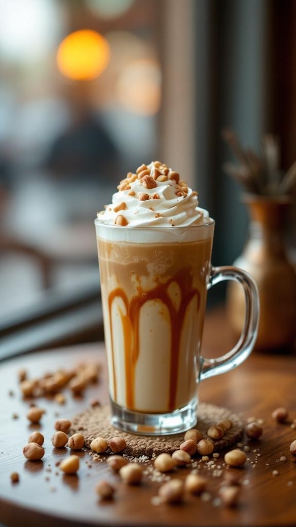 Café helado con sirope de avellana, crema batida y avellanas picadas en un vaso