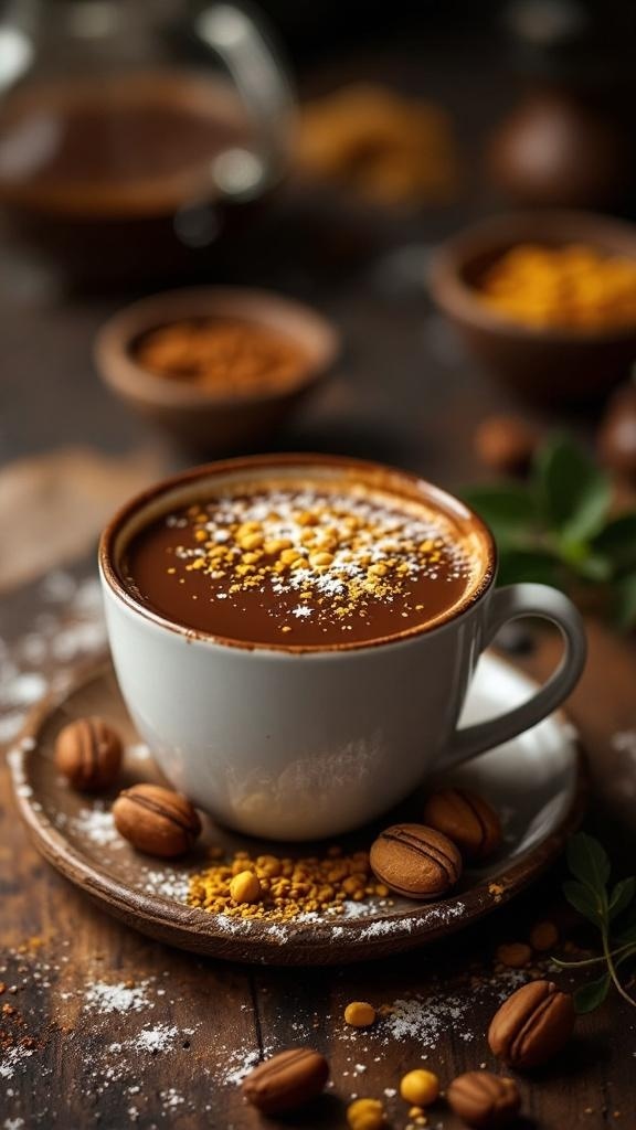 Taza de chocolate caliente con especias, decorada con miel y chocolate en polvo, acompañada de dulces.