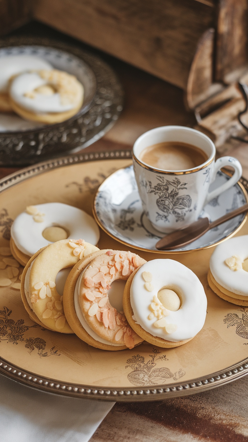 Galletas de almendra y vainilla decoradas con glaseado y almendras, acompañadas de una taza de café.