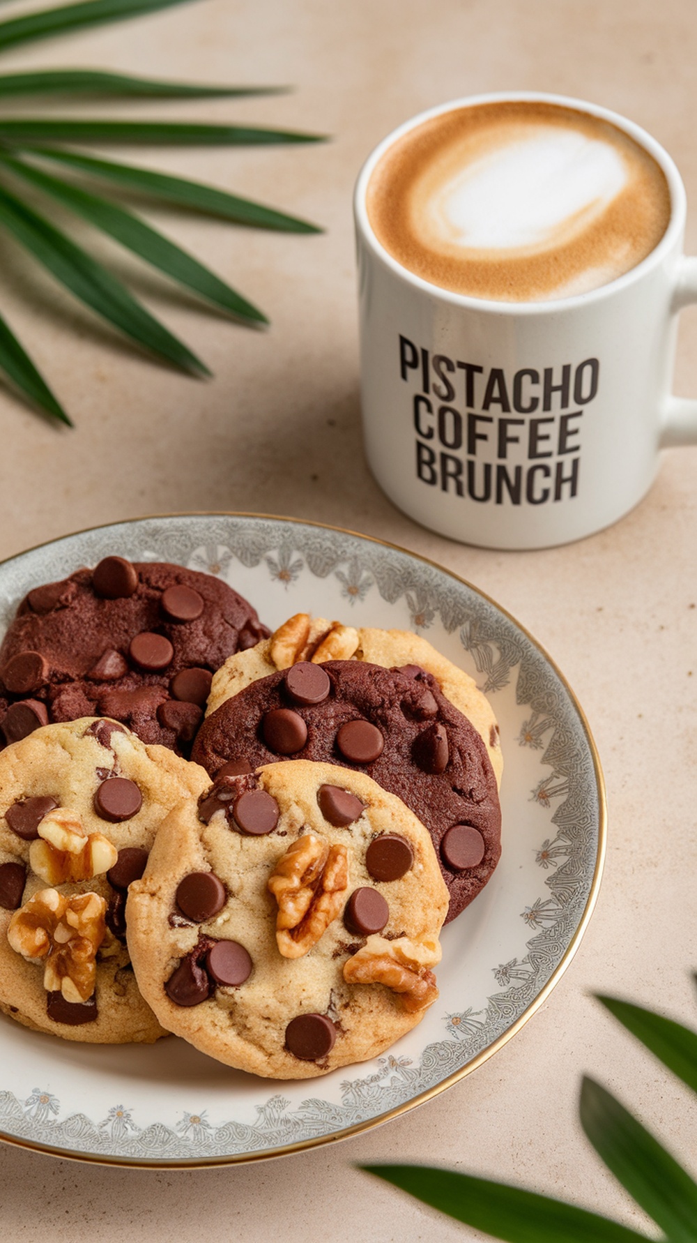 Galletas de chocolate y nueces junto a una taza de café con el texto Pistacho Coffee Brunch
