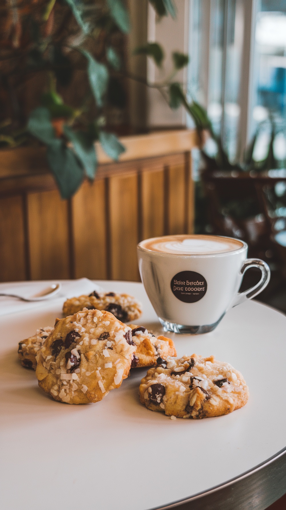 Galletas de coco y chocolate blanco junto a una taza de café en un ambiente acogedor.