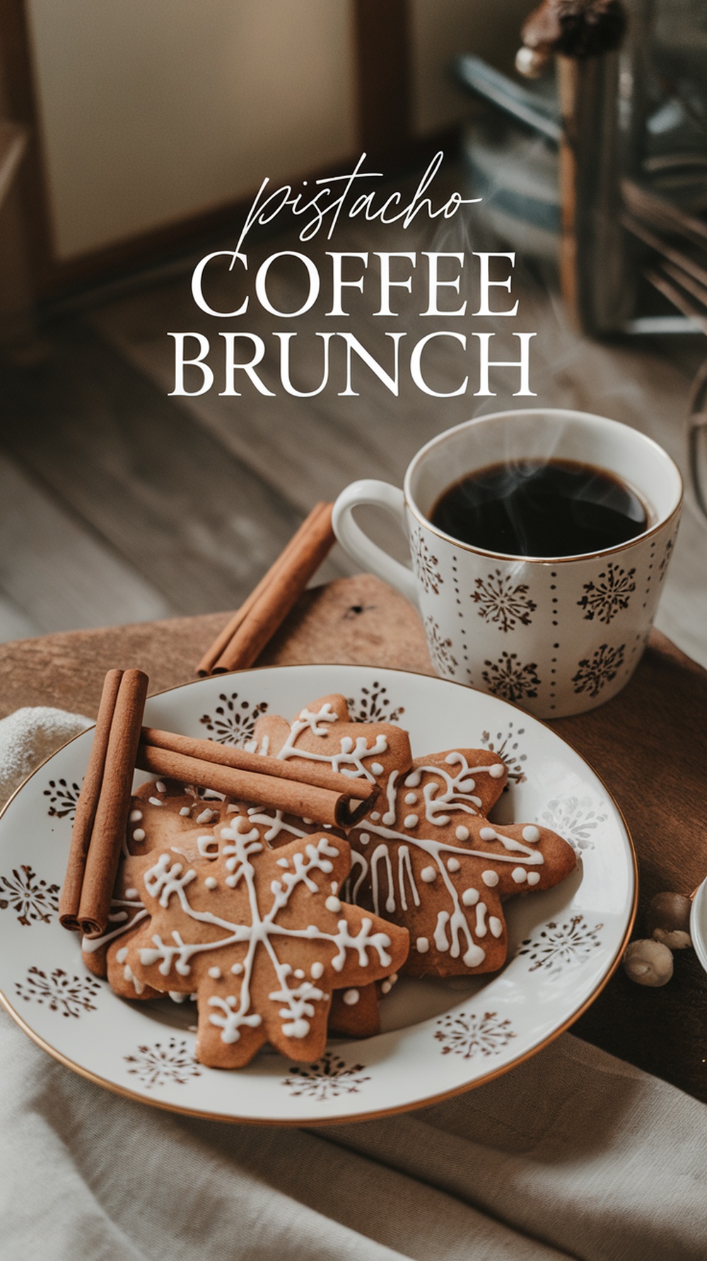Galletas de jengibre decoradas con glaseado, acompañadas de una taza de café en un ambiente acogedor.