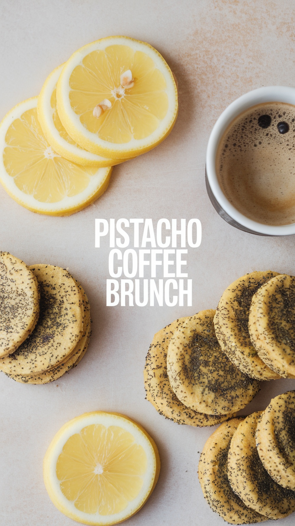 Galletas de limón y semillas de amapola con rodajas de limón y una taza de café. Texto en la imagen: Pistacho Coffee Brunch
