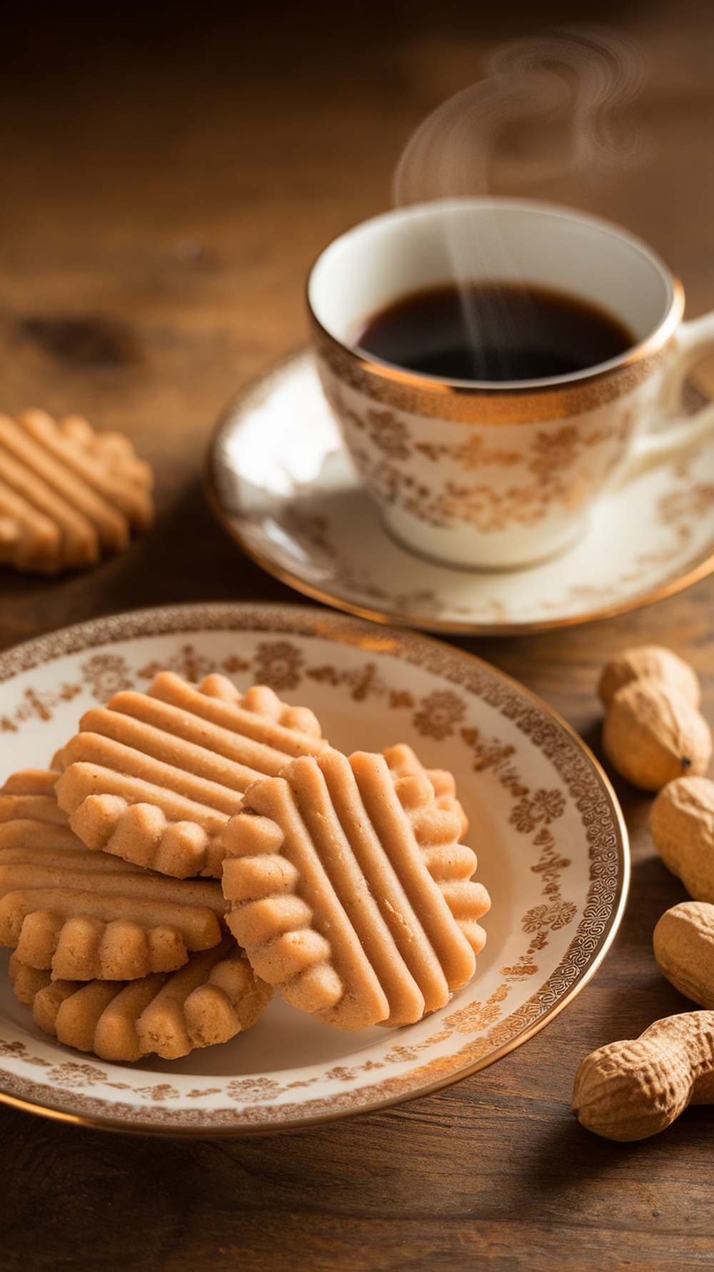 Galletas de mantequilla de maní con café caliente