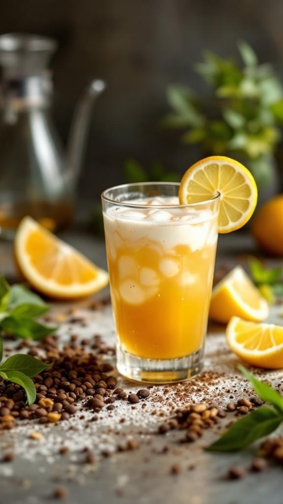 Vaso de limonada caliente con jengibre, rodaja de limón y granos de café alrededor.