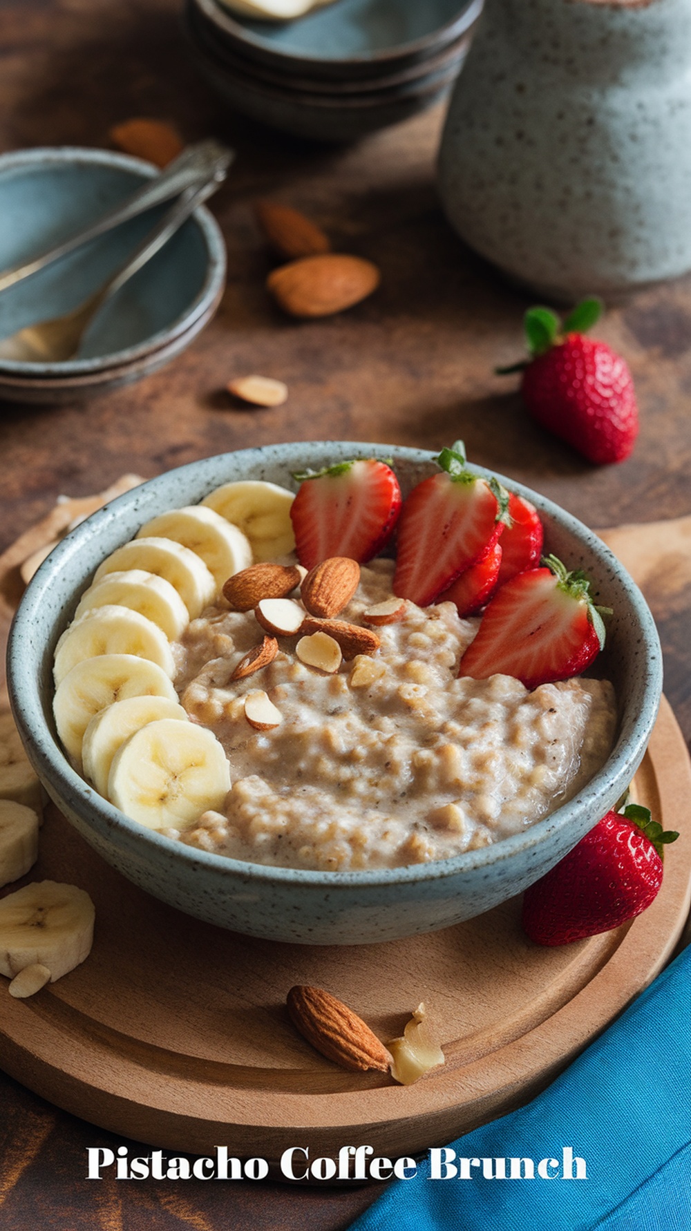 Porridge de avena con frutas frescas, pistacho y café