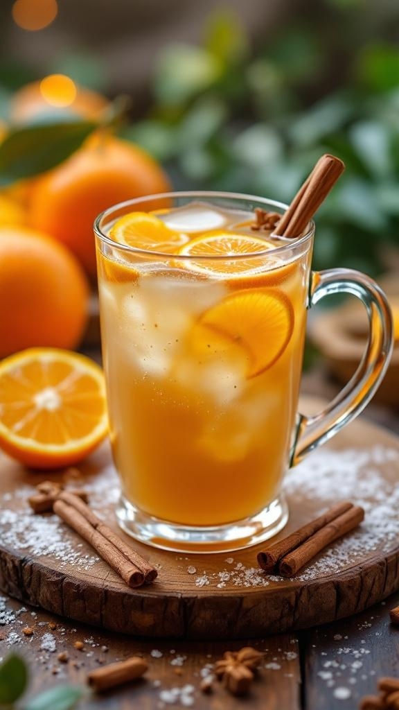 Vaso de sidra de manzana caliente con rodajas de naranja y canela