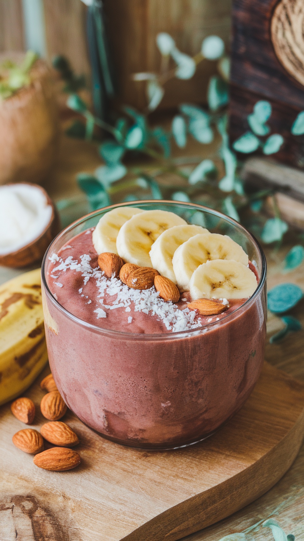 Smoothie bowl de açaí decorado con rodajas de plátano, almendras y coco rallado