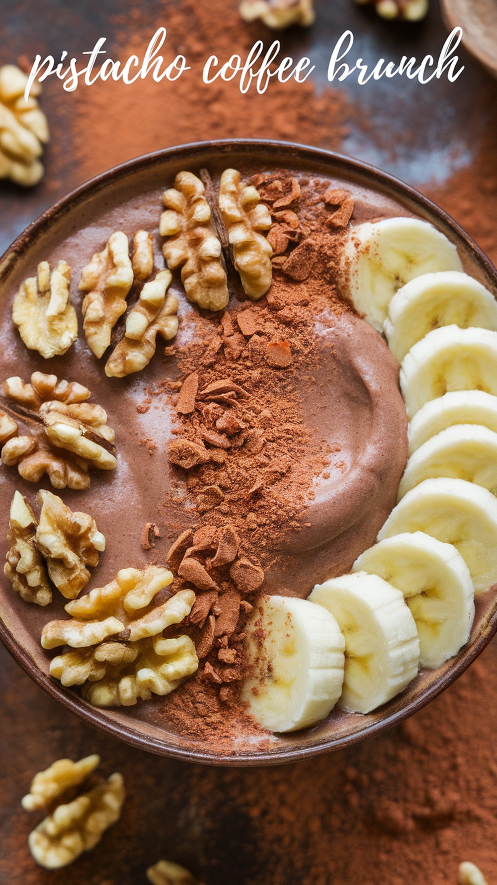 Smoothie bowl de chocolate decorado con nueces y rodajas de plátano, con el texto 'Pistacho Coffee Brunch'
