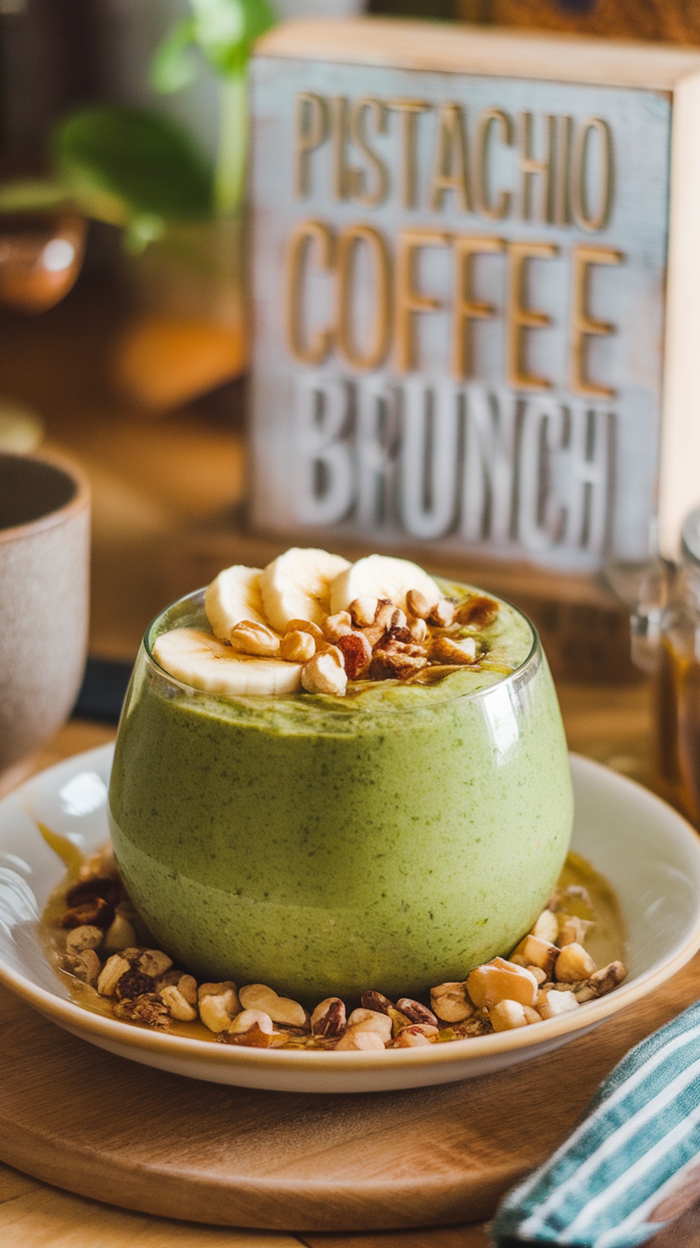 Smoothie bowl de espinaca y plátano decorado con rodajas de plátano y nueces, con un letrero que dice 'Pistacho Coffee Brunch' al fondo.