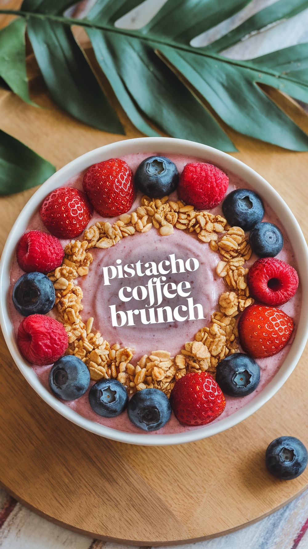 Smoothie bowl de frutos rojos con fresas, frambuesas, arándanos y granola, decorado con el texto 'pistacho coffee brunch'.