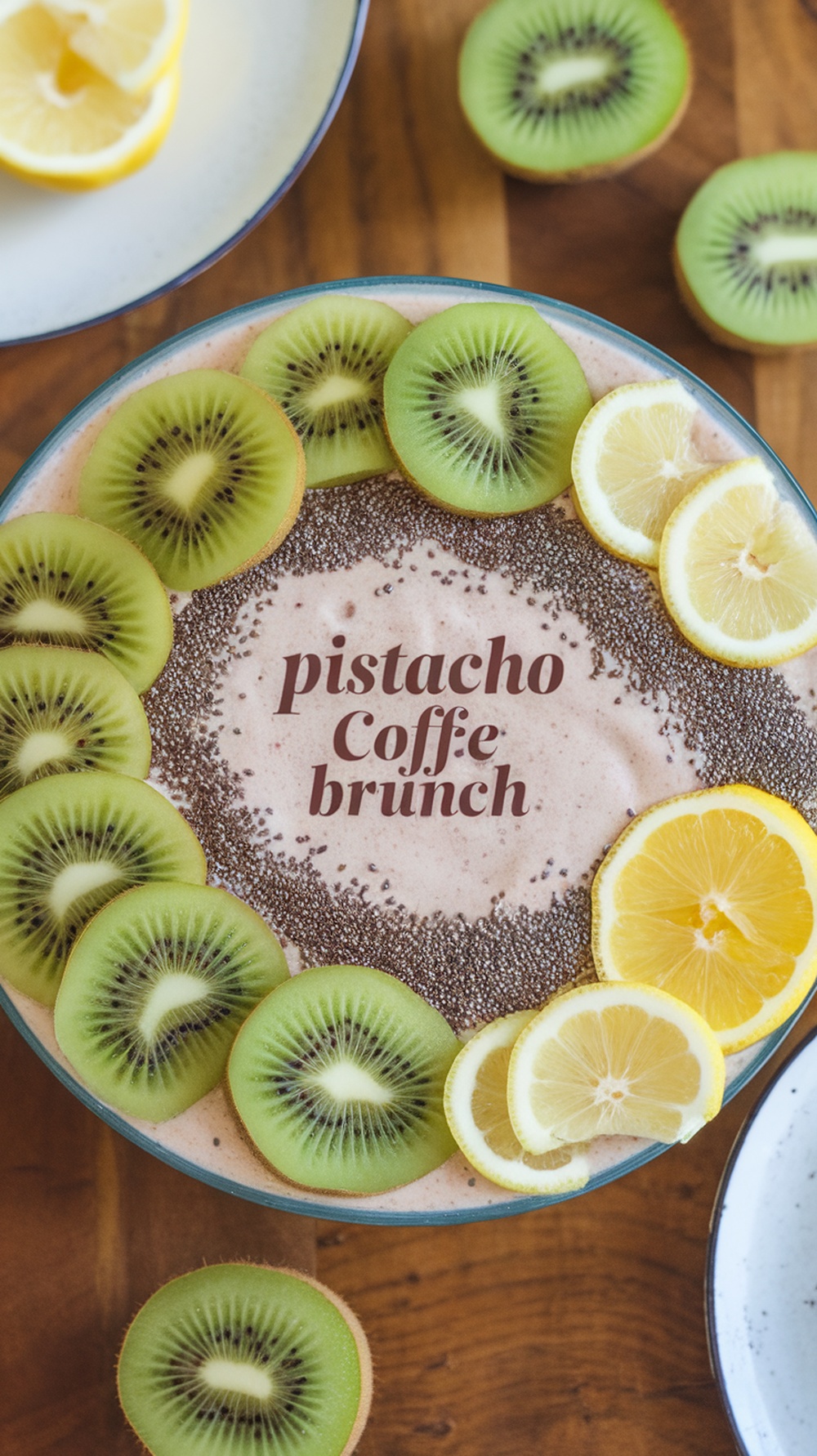 Smoothie bowl decorado con rodajas de kiwi y limón, con el texto 'pistacho coffee brunch' en el centro.