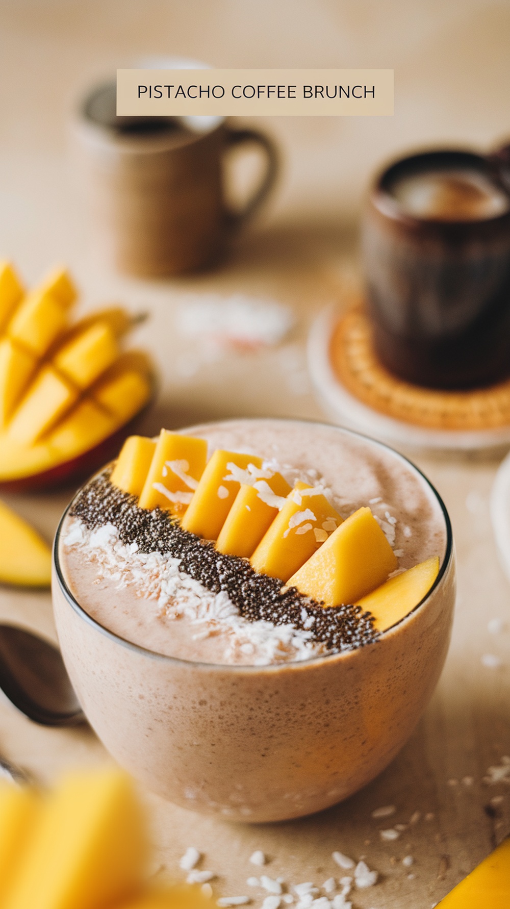 Smoothie bowl de mango y coco decorado con mango, coco rallado y semillas de chía, con tazas de café al fondo.