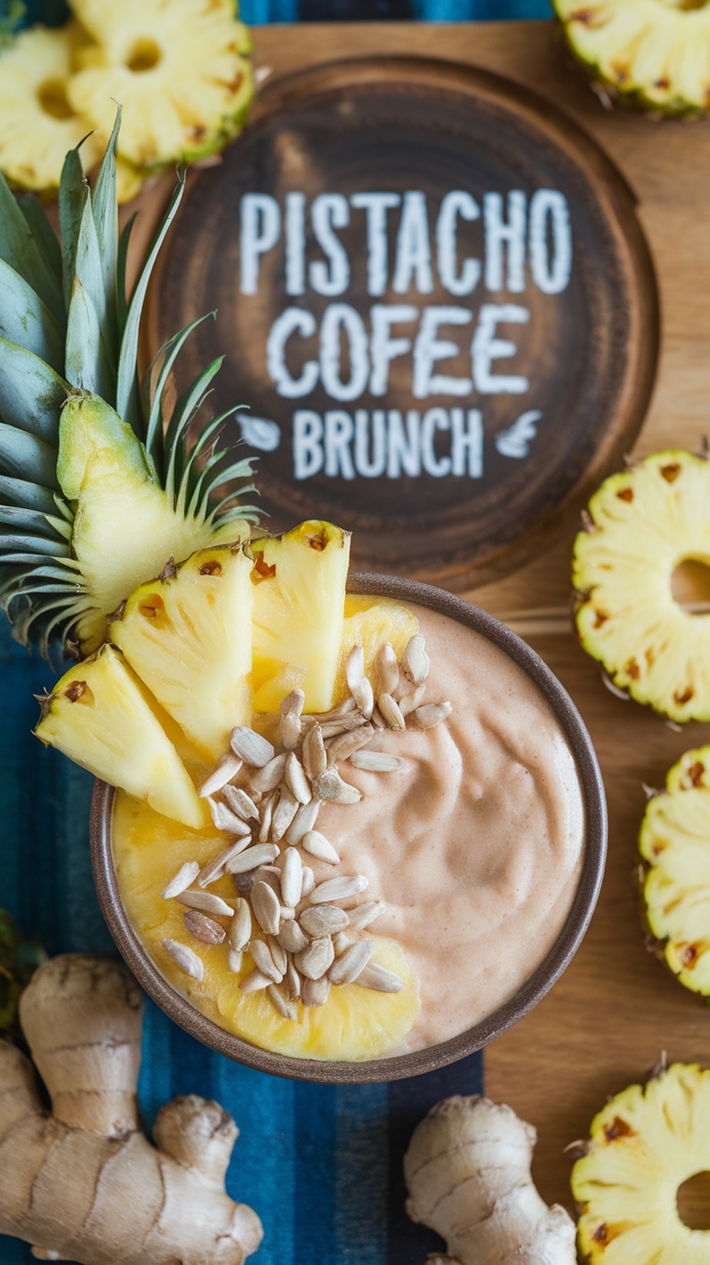 Smoothie bowl de piña y jengibre con rodajas de piña y semillas, sobre fondo azul y madera.