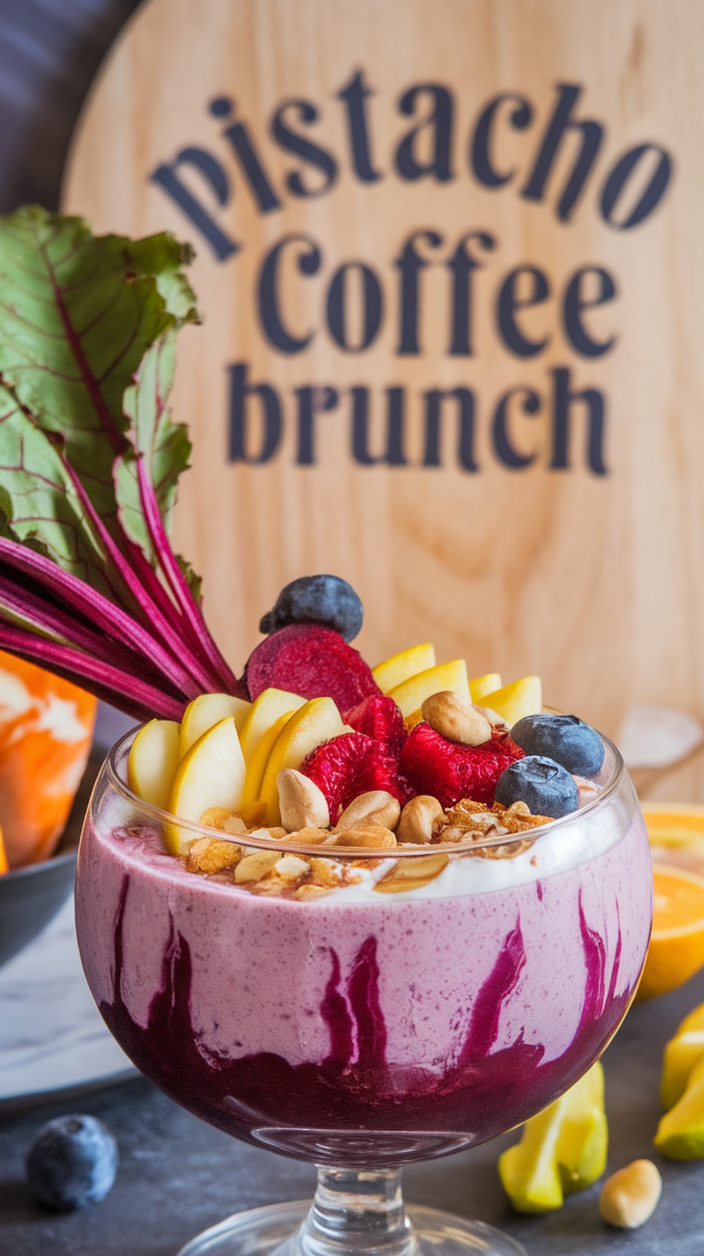Smoothie bowl de remolacha y yogur decorado con frutas y frutos secos, con un fondo que dice 'Pistacho Coffee Brunch'.
