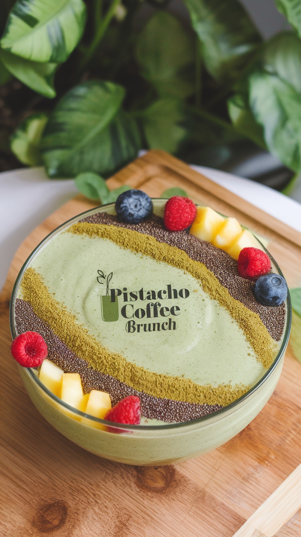 Smoothie bowl de té verde decorado con frambuesas, arándanos y mango, con el texto 'Pistacho Coffee Brunch'