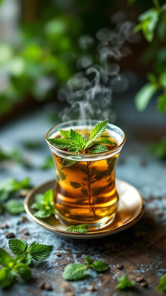 Taza de té de menta fresca con hojas de menta en un plato, humeante y reconfortante.