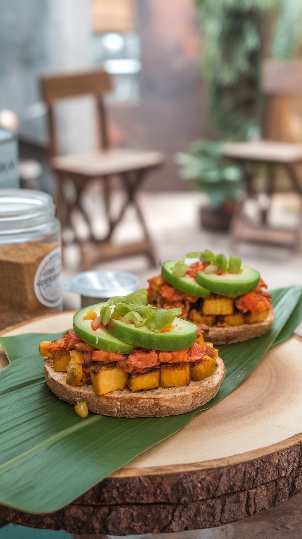 Tostada de batata y aguacate sobre una hoja de plátano, con un fondo de ambiente acogedor