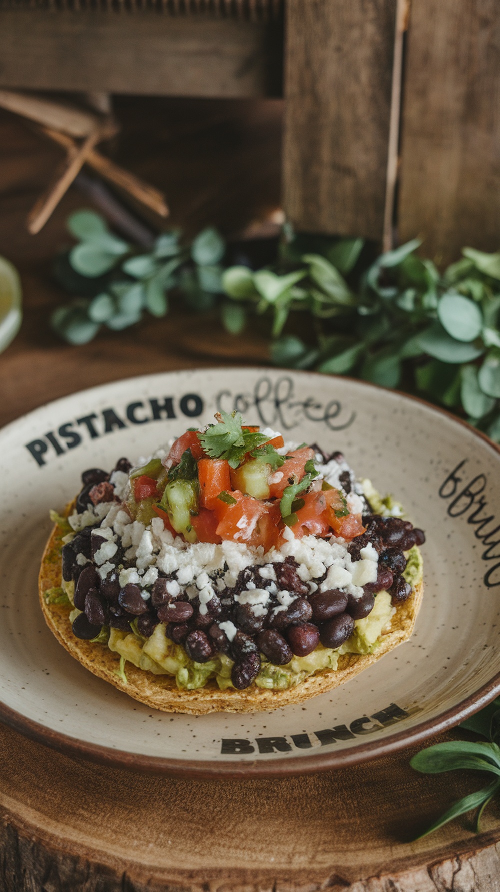 Tostada de frijoles negros y queso cotija en un plato con el texto Pistacho Coffee Brunch