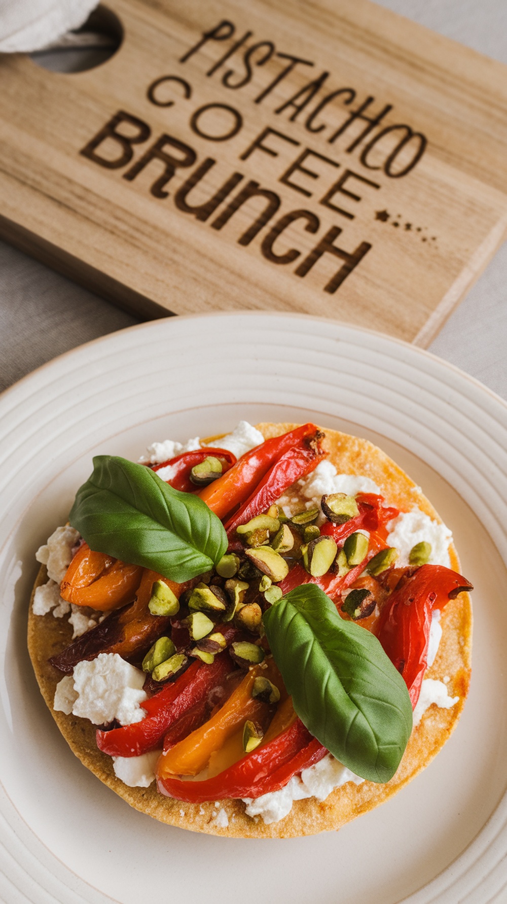 Tostada de pimientos asados y queso feta con albahaca y pistachos, presentada sobre un plato con un fondo de madera que dice 'Pistacho Coffee Brunch'.