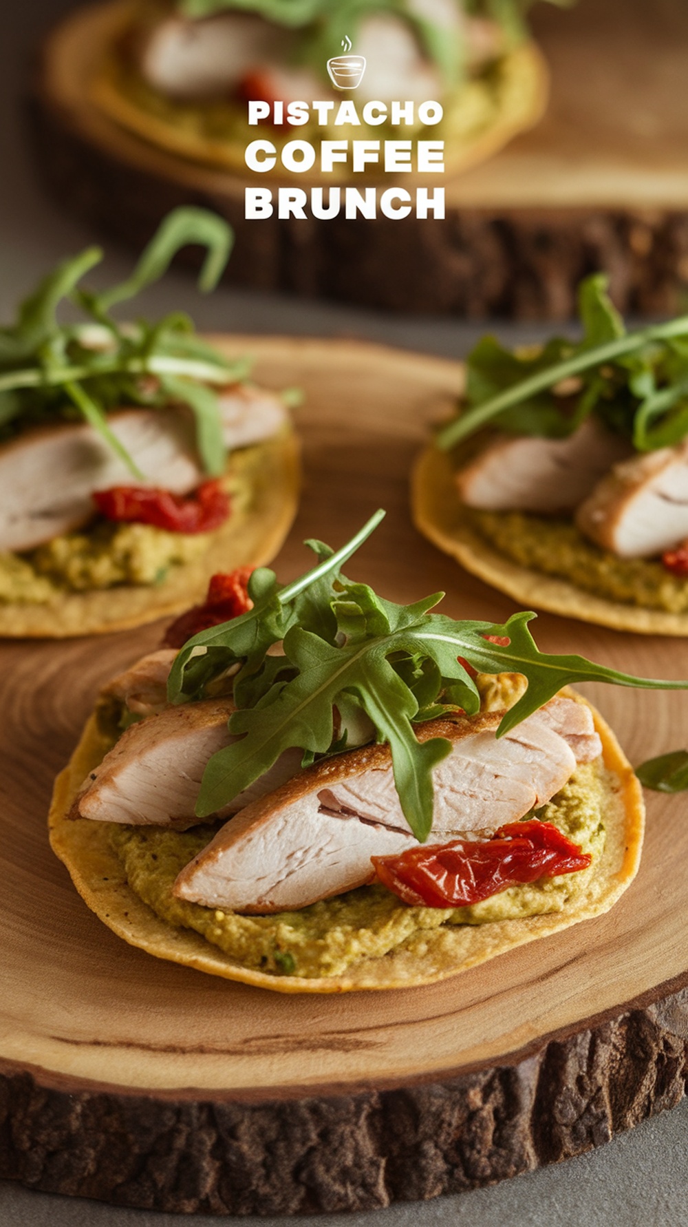 Tostada de pollo al pesto con arúgula y tomates secos sobre una base de madera, con el texto 'Pistacho Coffee Brunch'