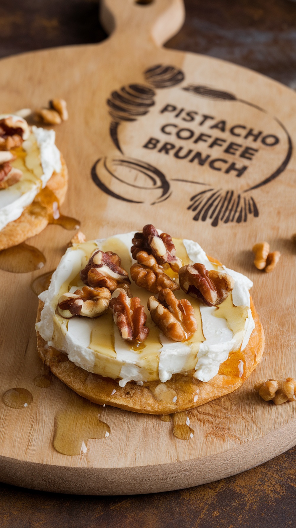 Tostada de ricotta con miel y nueces sobre una tabla de madera con el texto 'Pistacho Coffee Brunch'