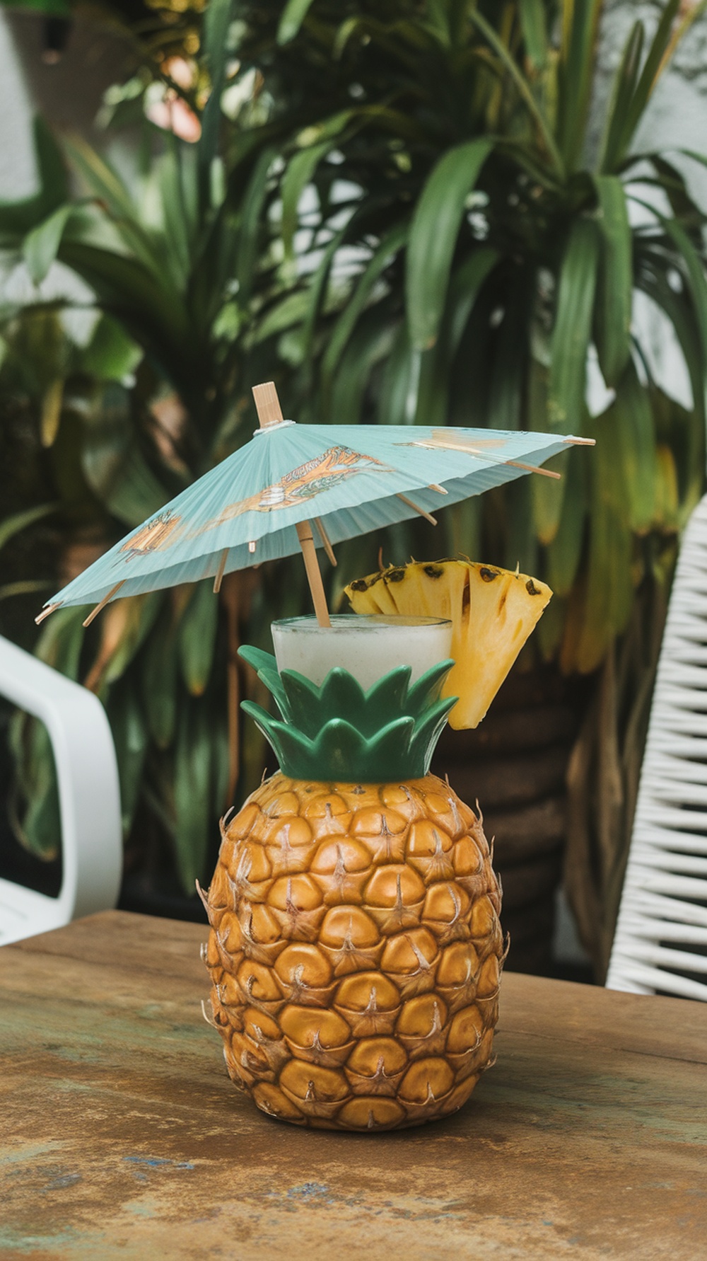 Infusión de Té de Coco y Piña servida en una piña con un paraguas decorativo