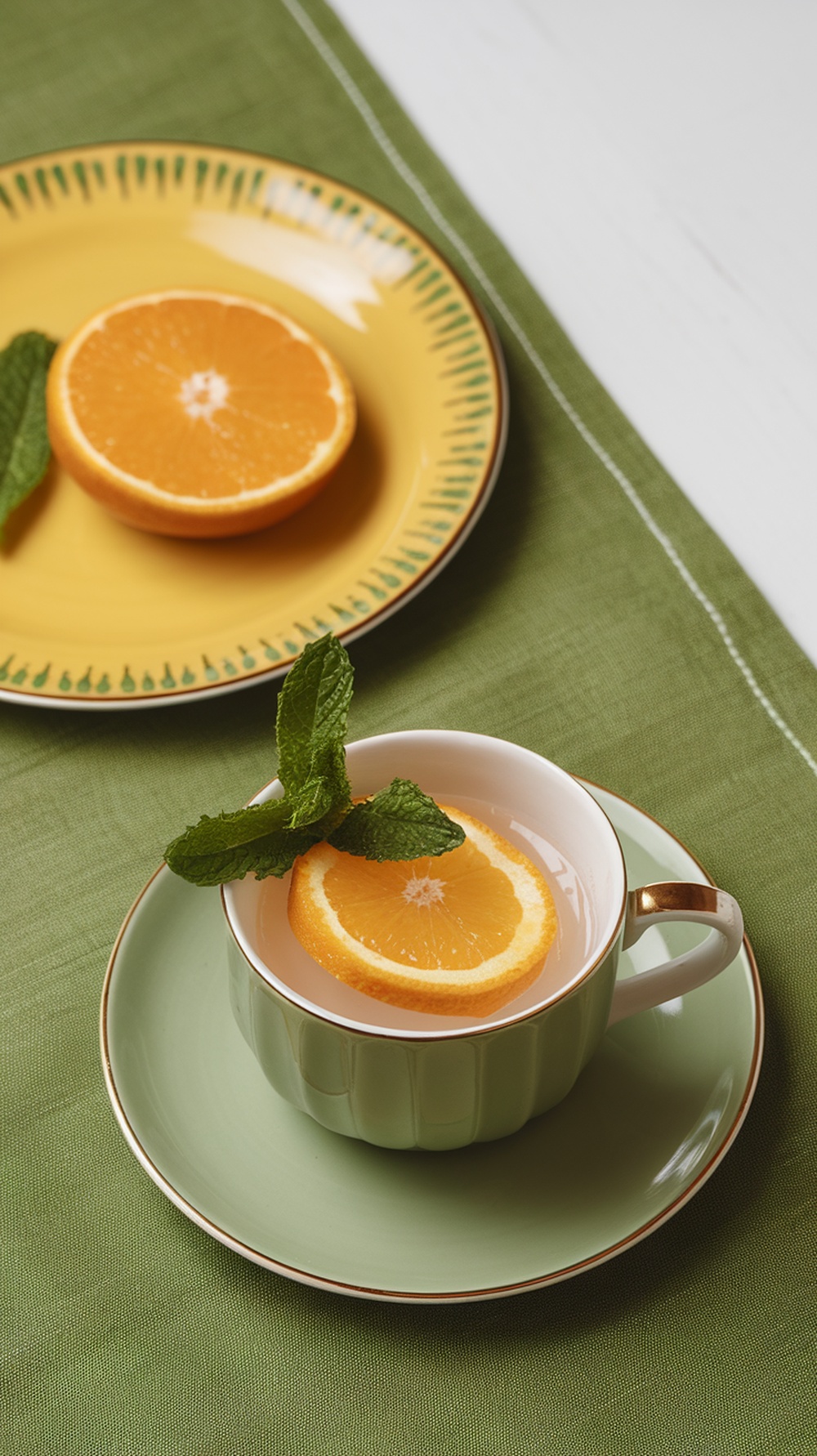 Taza de té de melocotón con rodajas de melocotón y hojas de menta