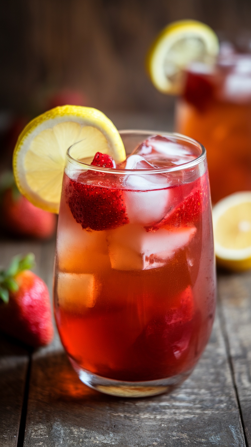 Vaso de té helado de frutos rojos con fresas y limón