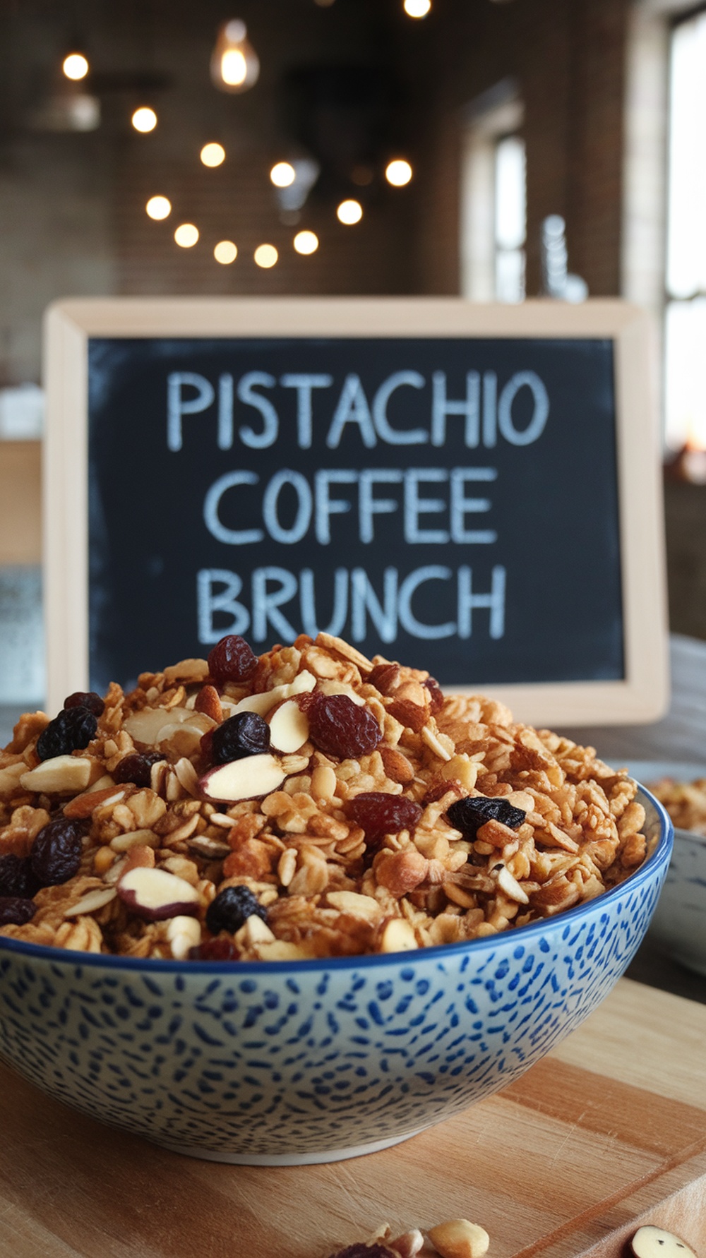 Granola casera con nueces en un bol azul, con un cartel que dice Pistacho Coffee Brunch