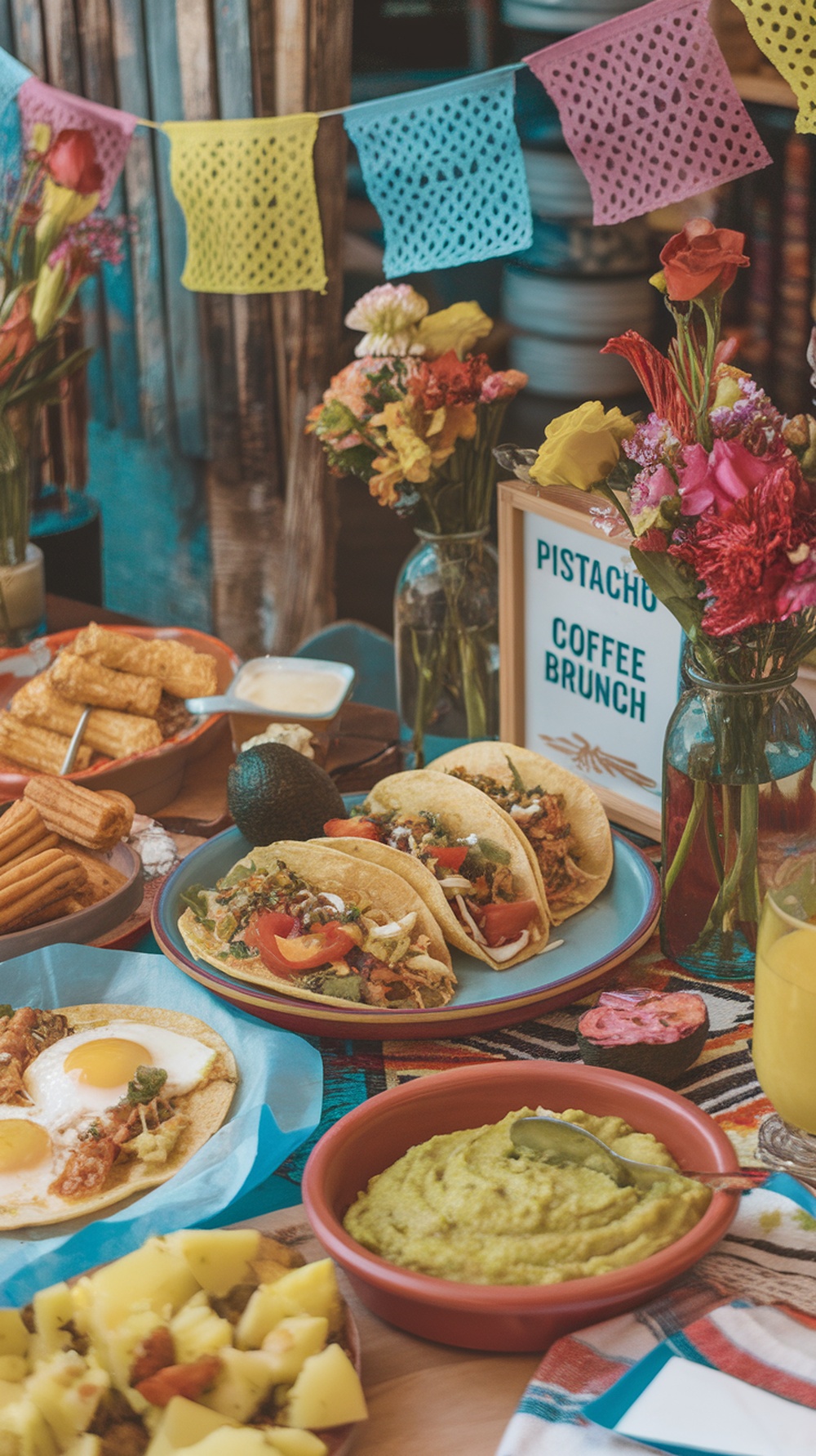 Mesa decorada para un brunch mexicano con tacos, guacamole, huevos estrellados y flores coloridas.