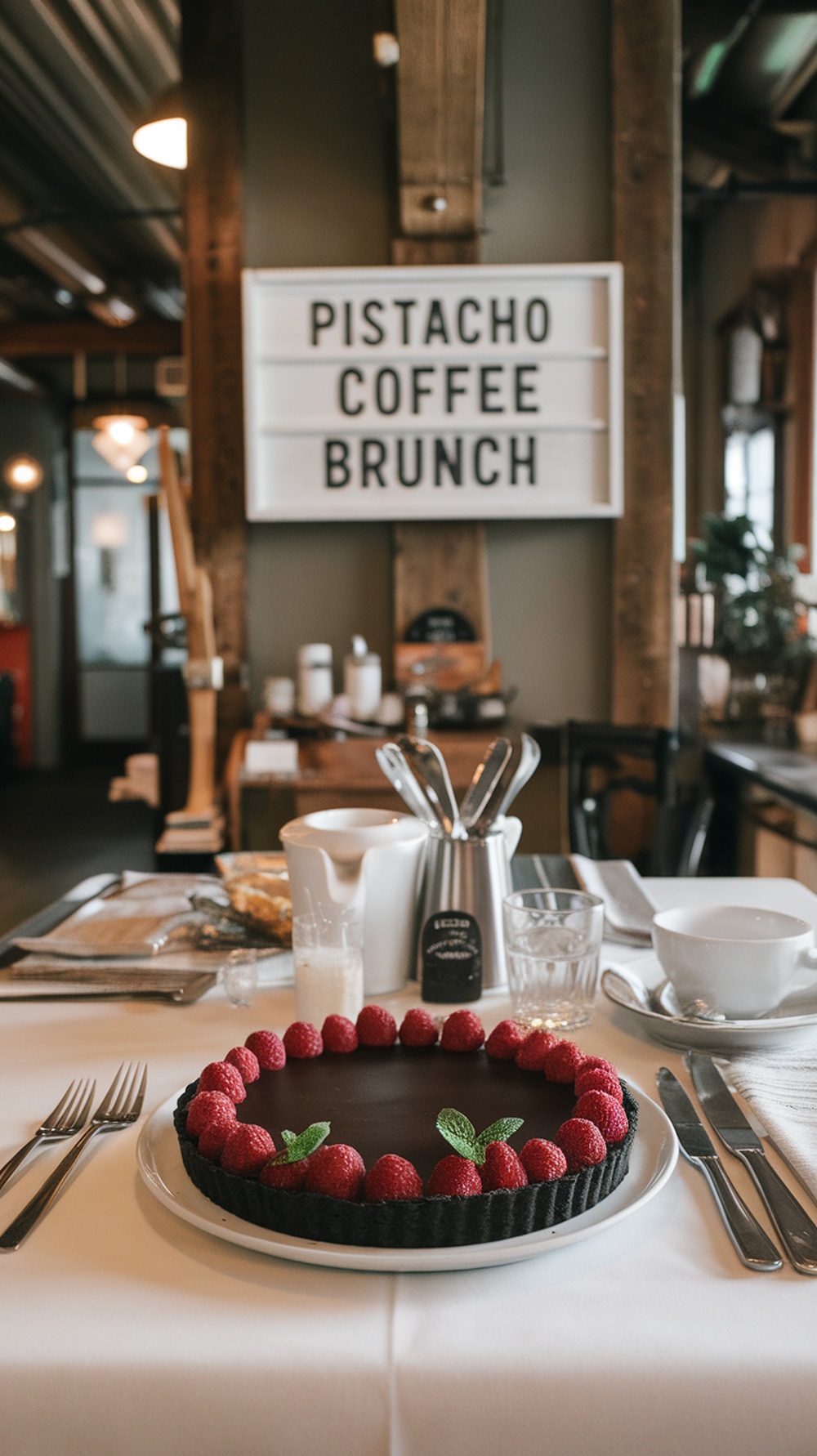 Tartaleta de chocolate negro decorada con frambuesas en un brunch