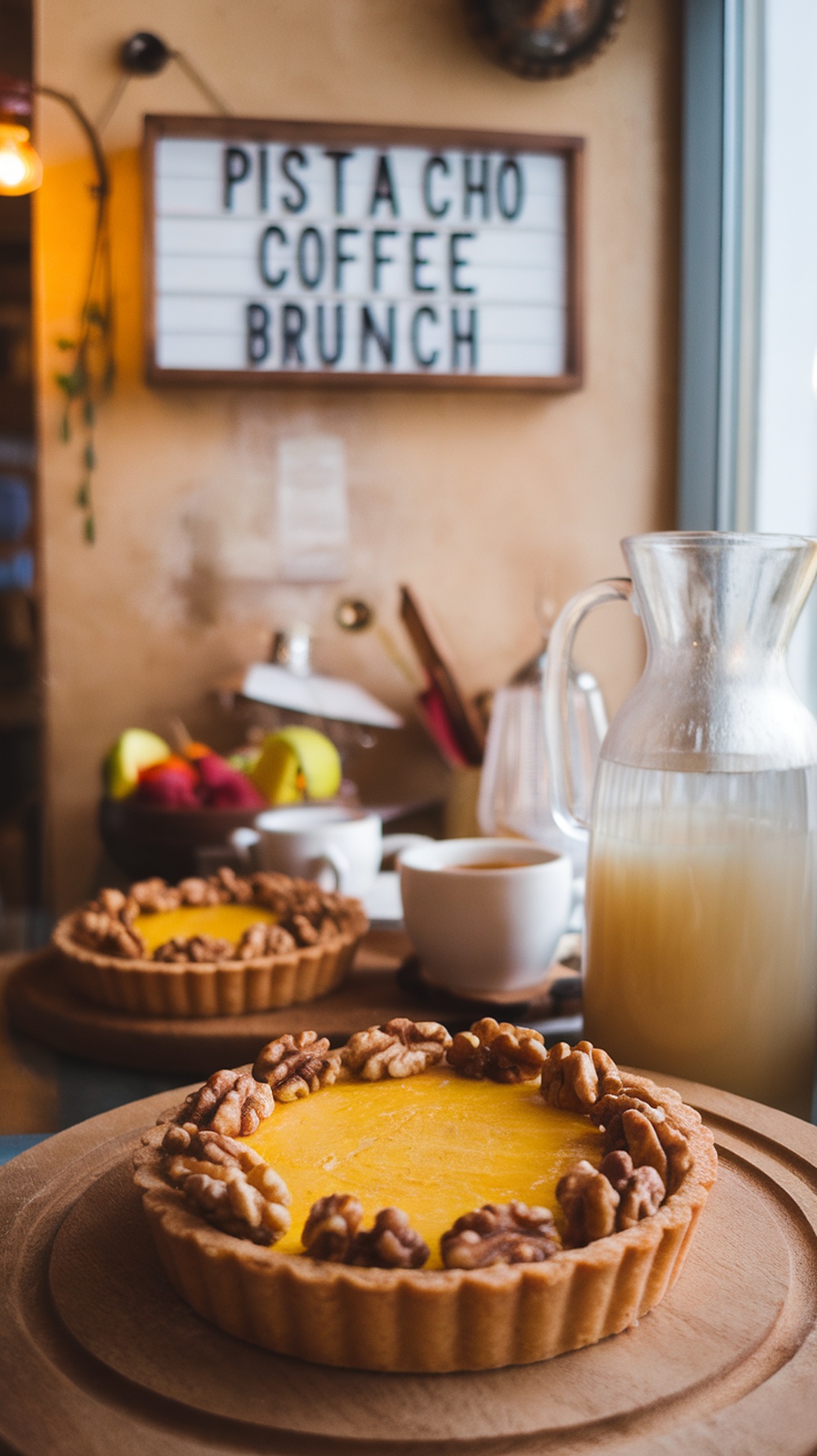 Tartaleta de queso de cabra y miel en un brunch con letrero que dice Pistacho Coffee Brunch