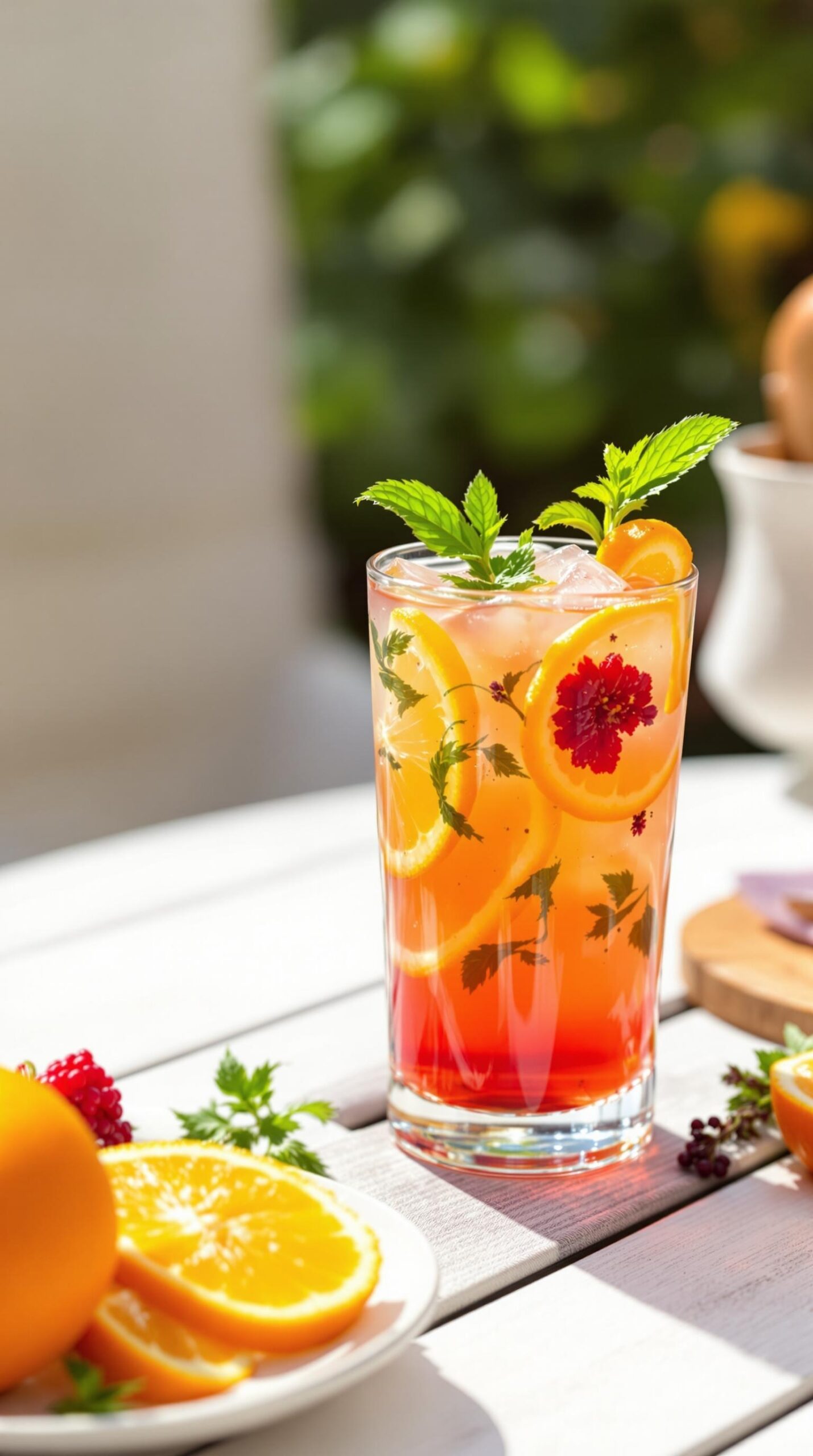 Infusión de hibisco con frutas cítricas, decorada con menta fresca y rodajas de naranja. Pistacho Coffee Brunch.