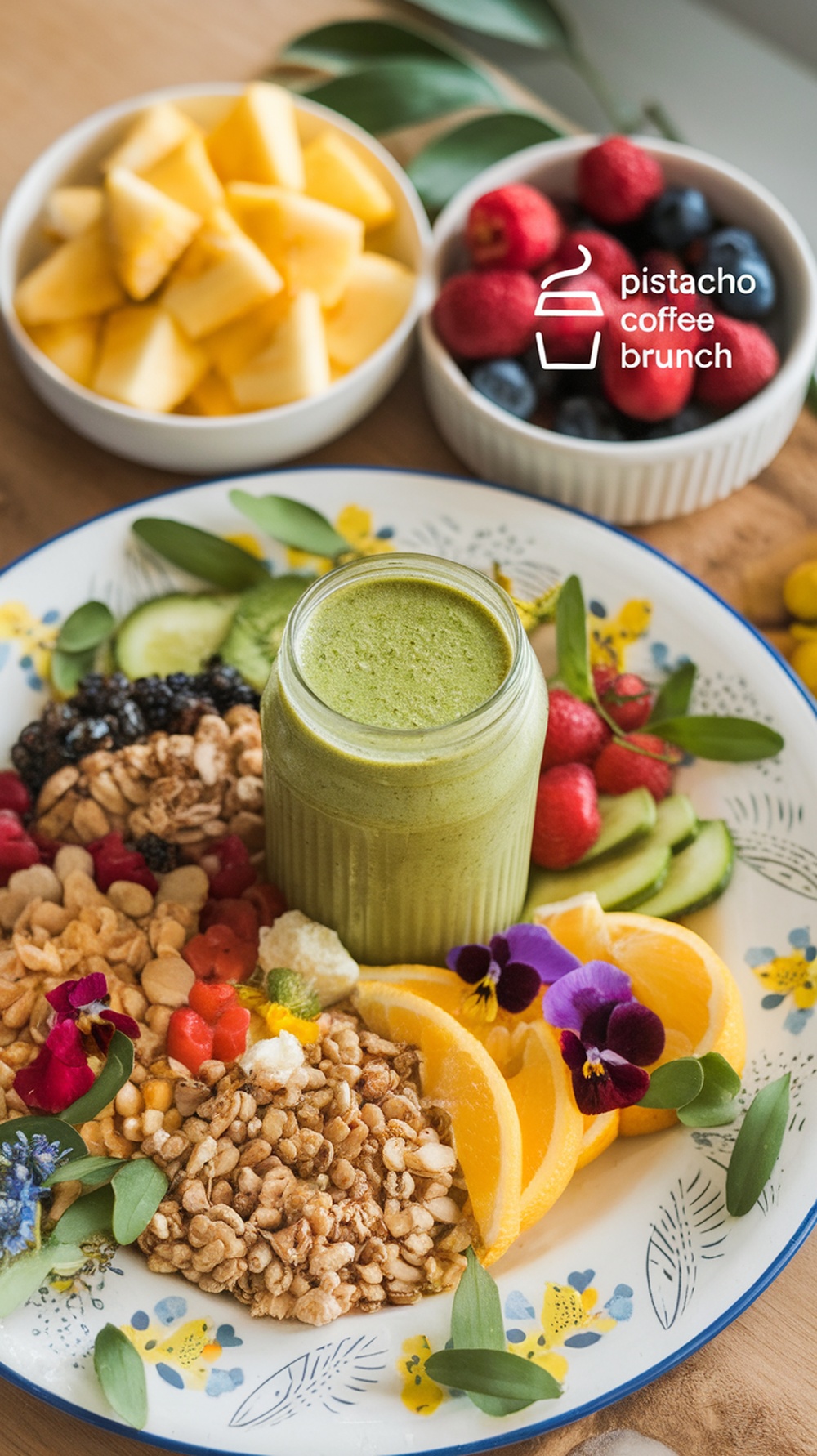 Pistacho Coffee Brunch con smoothie verde, frutas frescas y granola