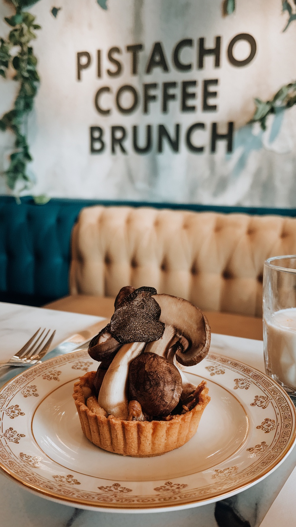 Tartaleta de champiñones y trufa en un plato con el texto Pistacho Coffee Brunch de fondo
