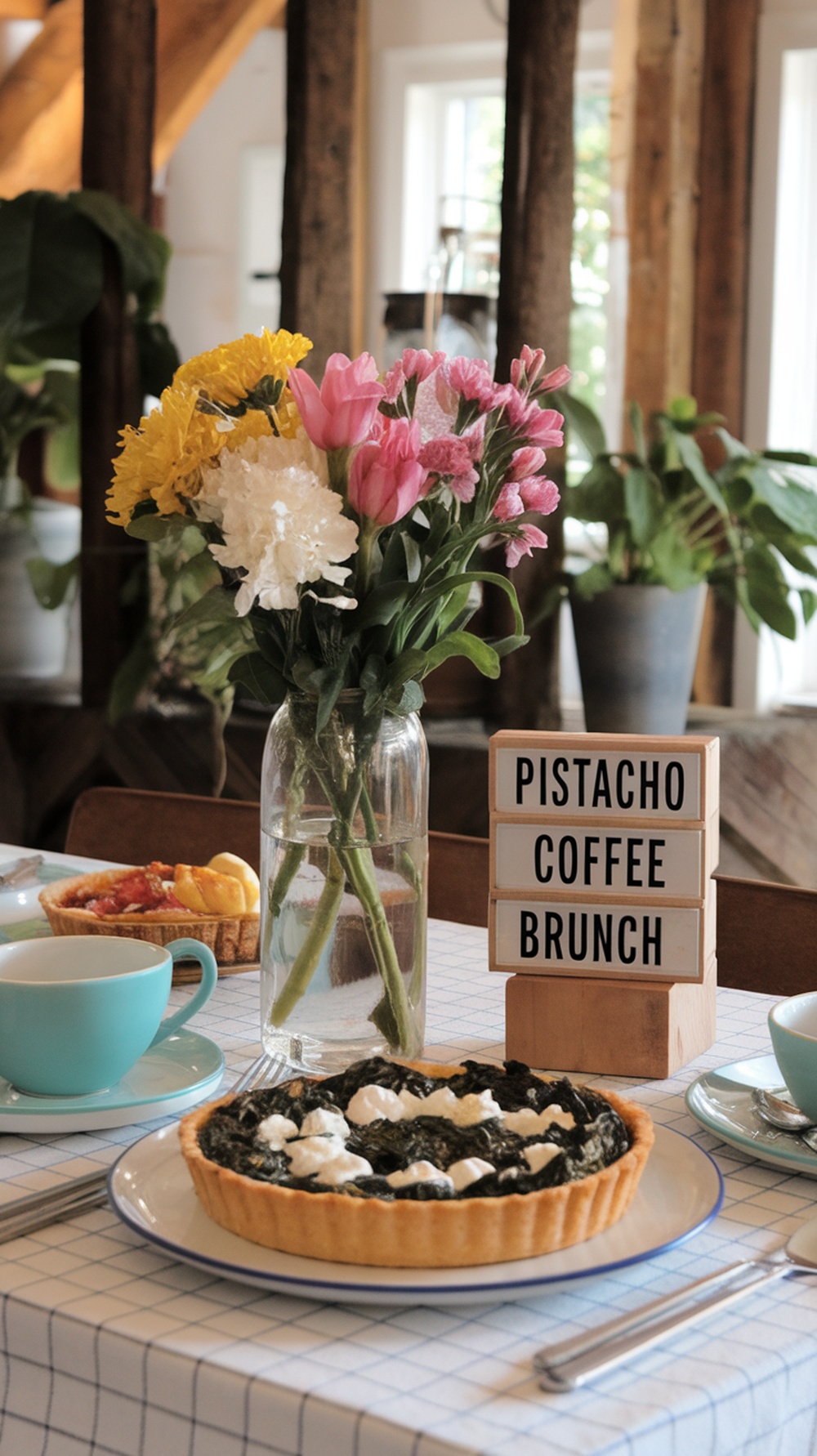 Tartaleta de espinacas y ricotta en una mesa decorada con flores y un letrero que dice Pistacho Coffee Brunch