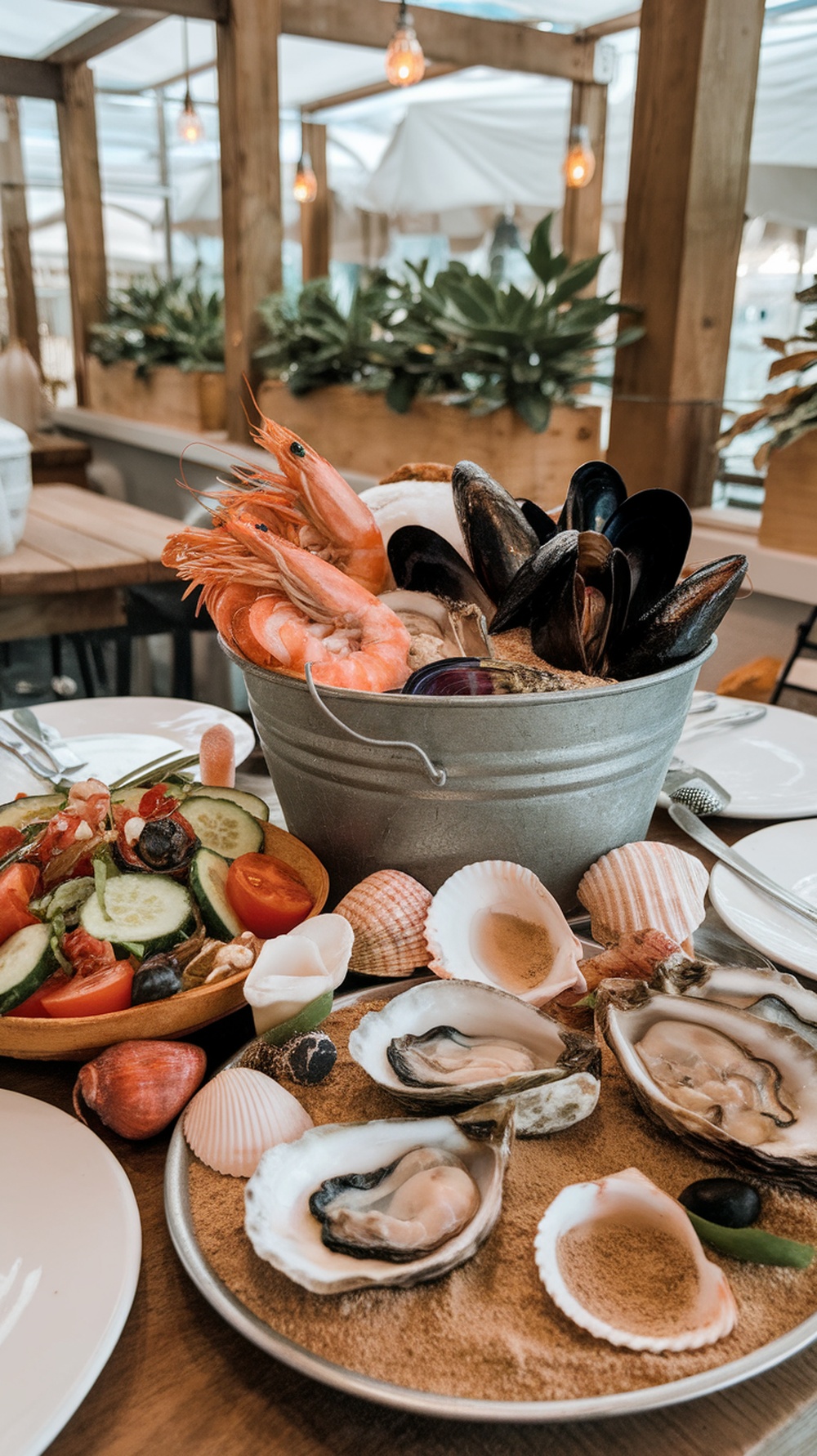 Pistacho Coffee Brunch con mariscos frescos y ensalada