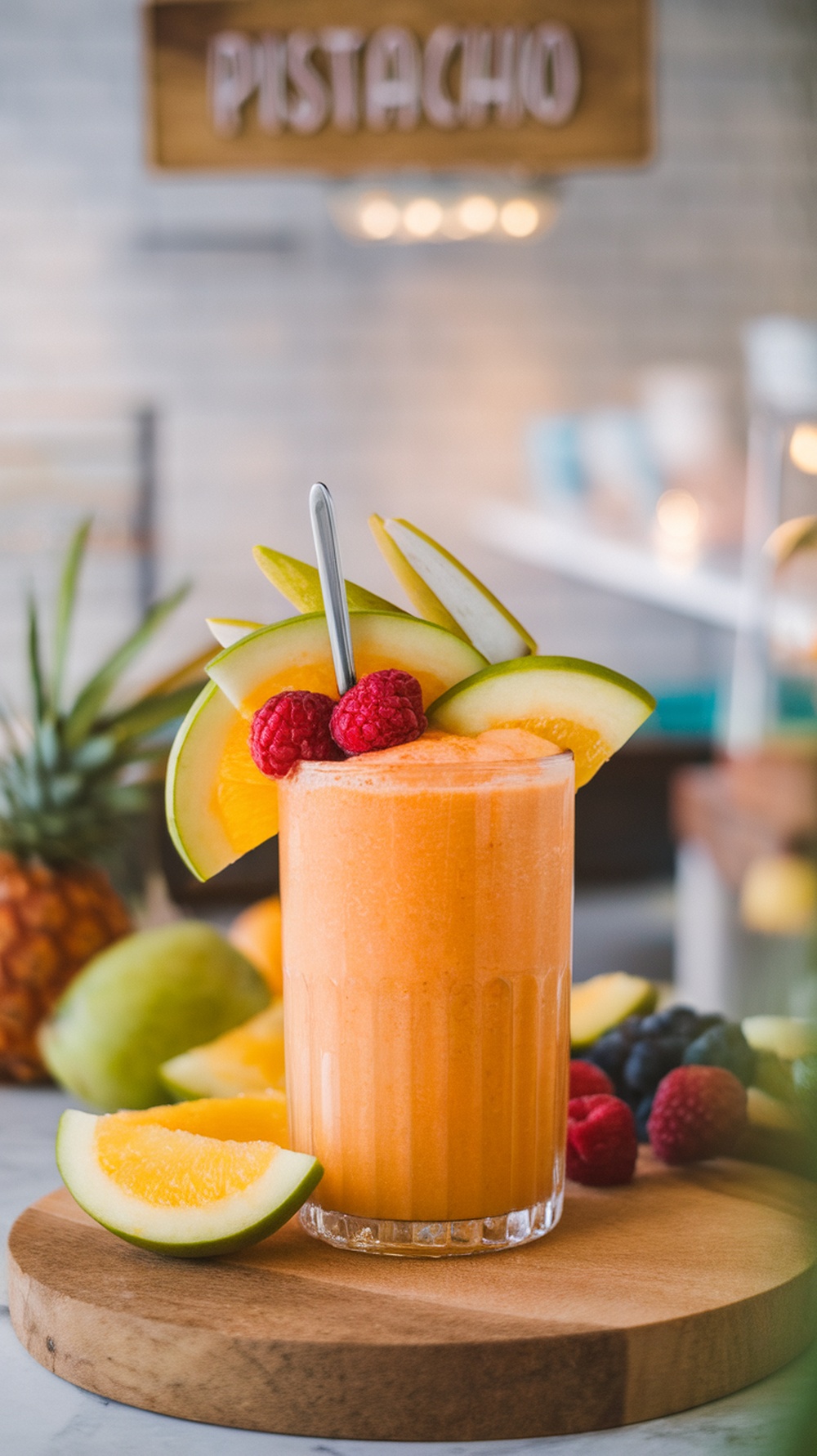 Smoothie Energético de Frutas Tropicales decorado con frutas frescas